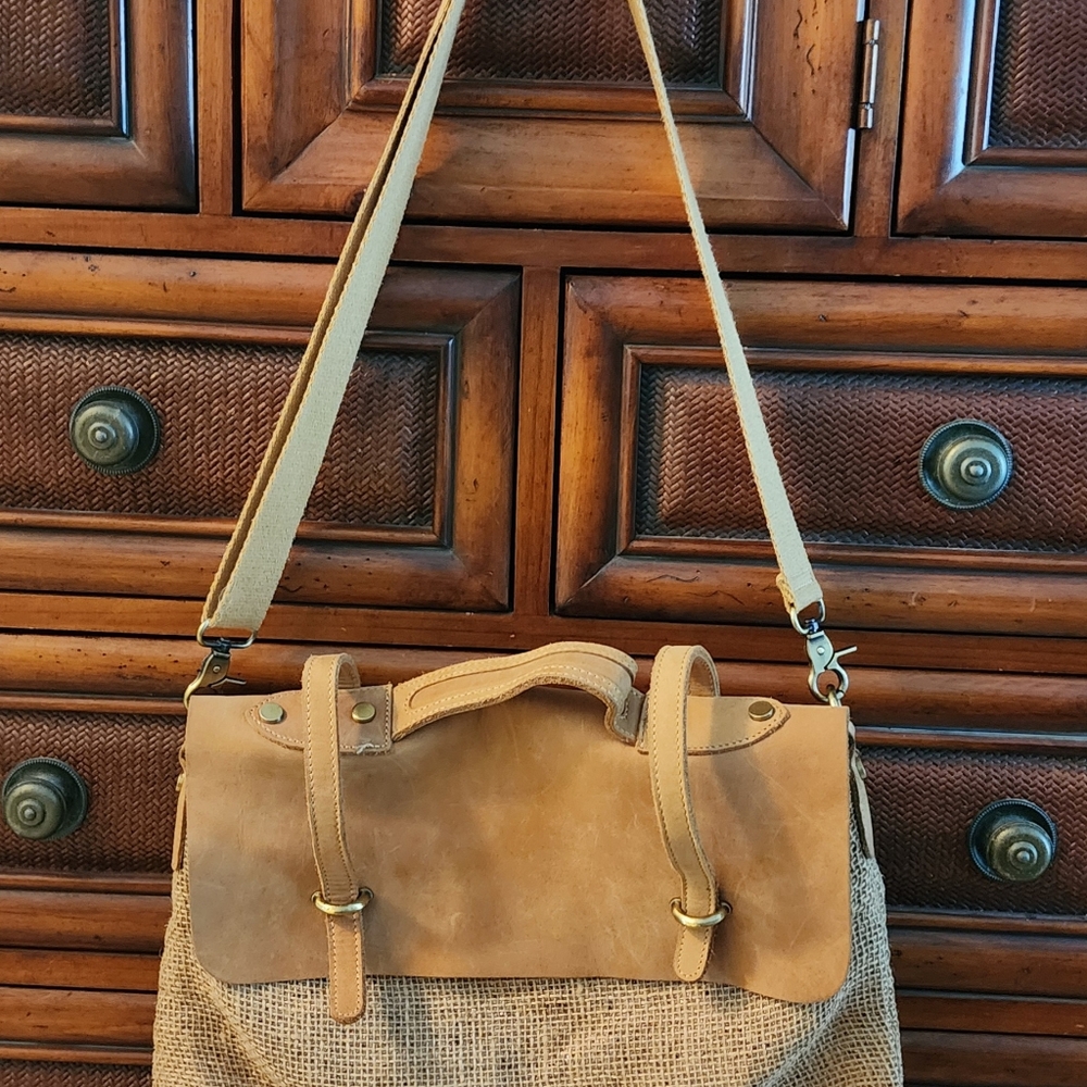 Anthropology Jesslyn Blake tan burlap canvas sparkle leather crossbody bag - Picture 8 of 9